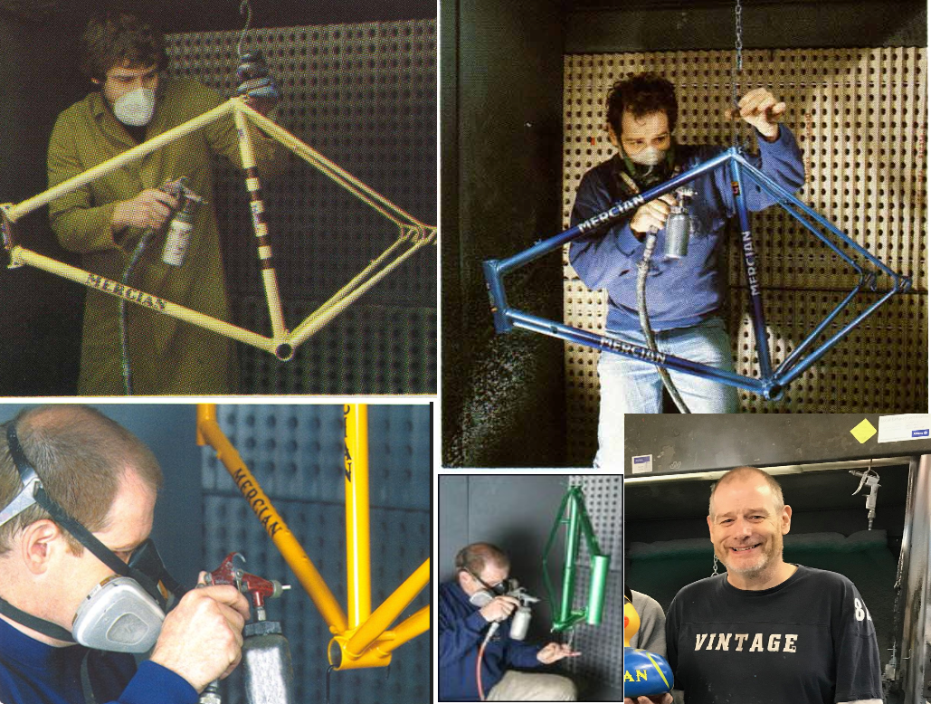 Mercian Cycles painter Rob spraying custom steel frames through the years