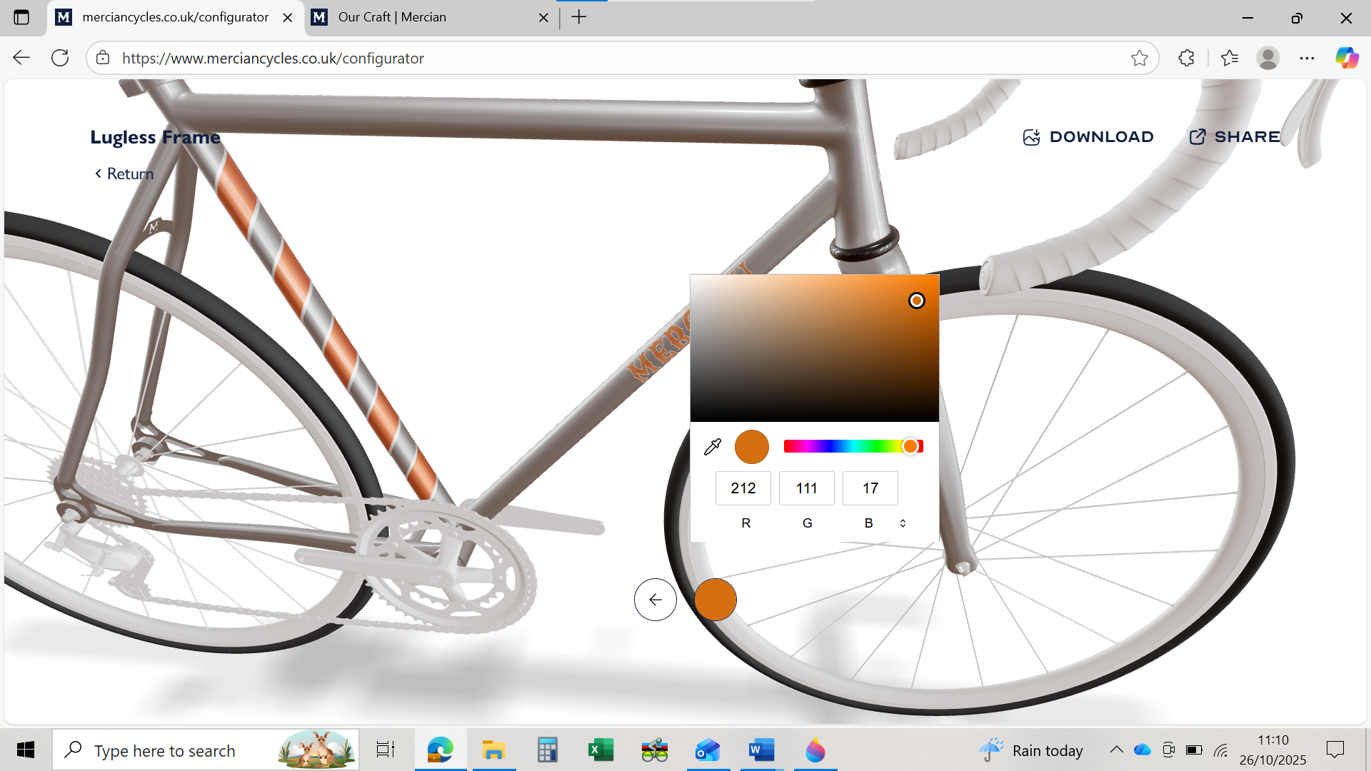Personalised Decal colour on the Mercian Cycles Custom Bike frame Paint configurator