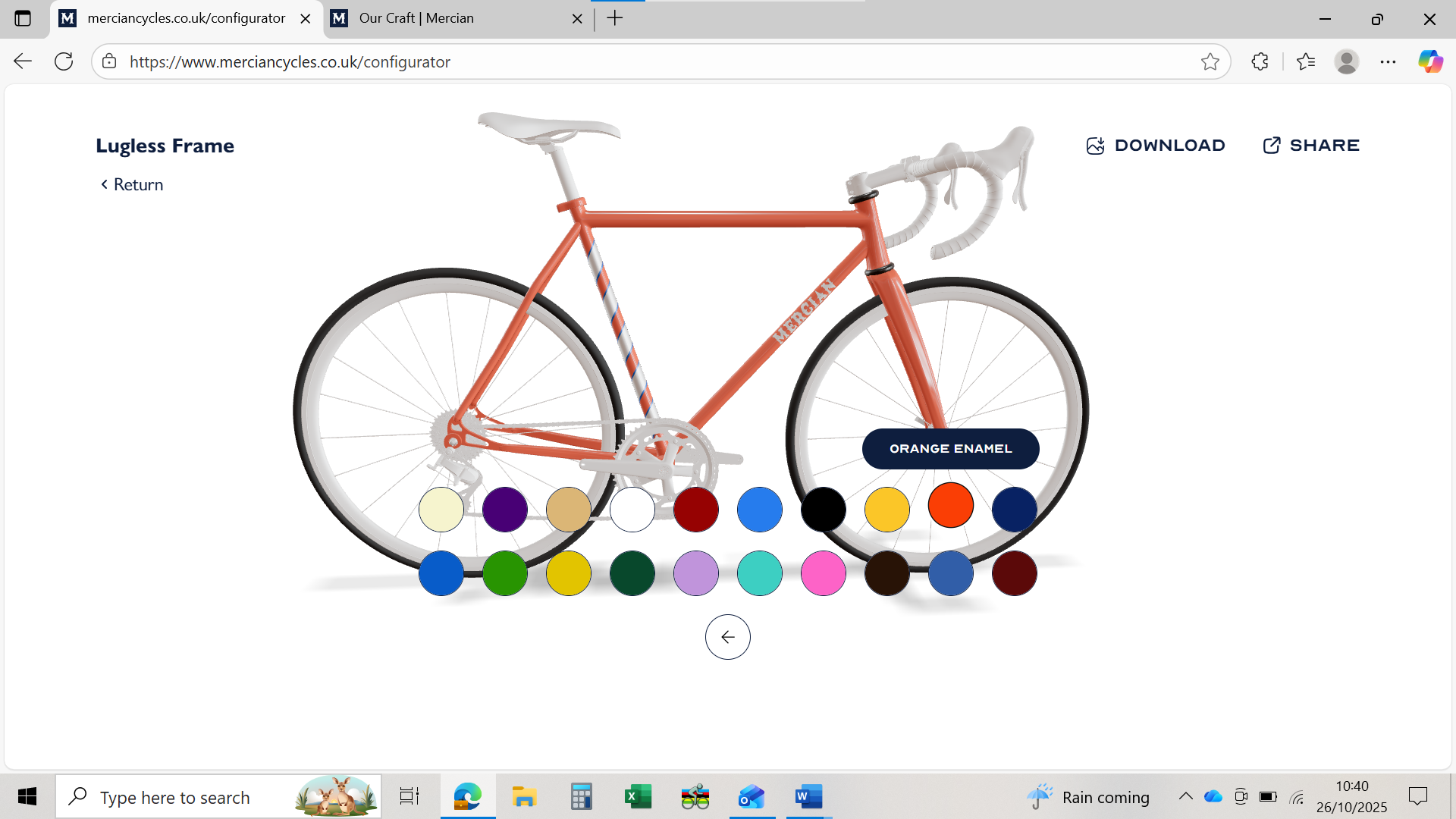 Mercian Cycles Ventura in Orange Enamel on the custom bike frame paint configurator