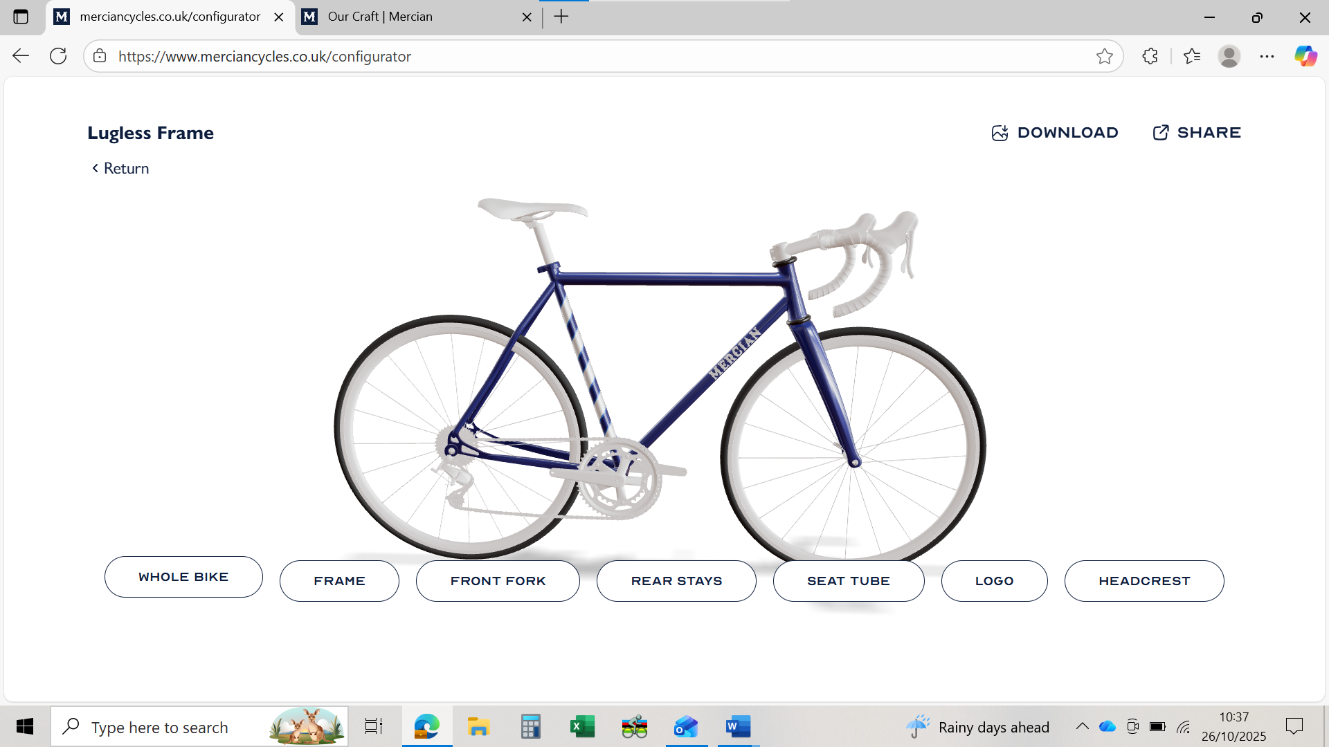 Mercian Cycles Ventiura All-road bike model on the custom frame paint configurator